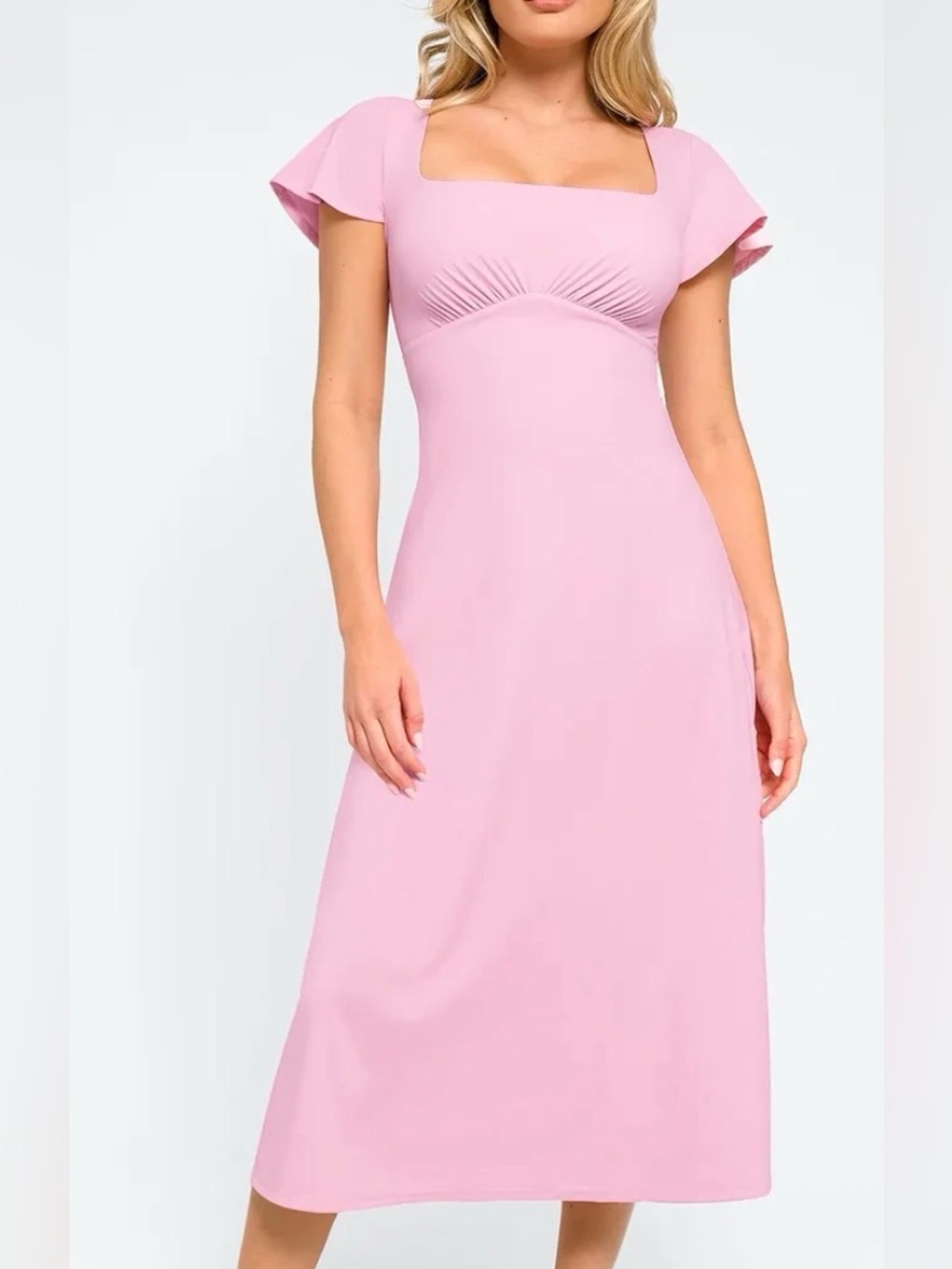 Square-Neck Pink Midi Dress with Flutter Sleeves and Built in Shapewear